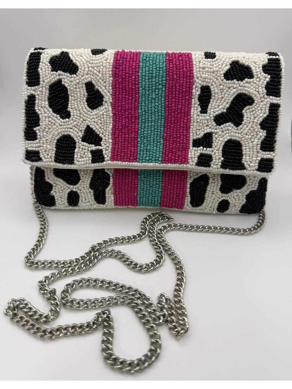 Beaded Animal Print Crossbody Bag Pink Turquoise Chain Strap Clutch Purse